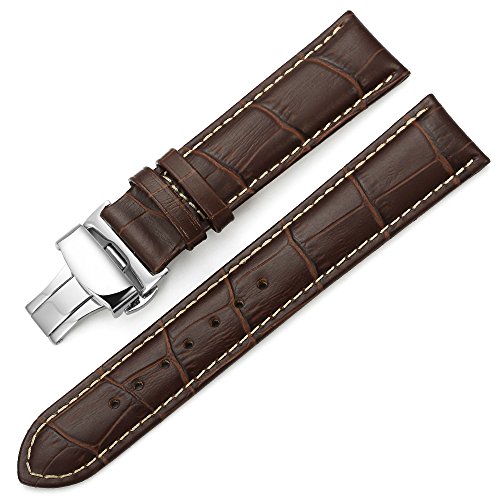 iStrap 18mm Calf Leather Stitched Replacement Watch Band Push Button Deployment Buckle Strap Brown