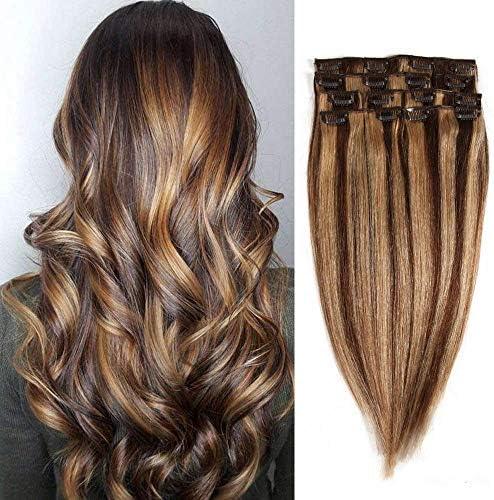 Clip in Human Hair Extensions Medium brown Dark Blonde Highlights #4/27 22 inch Full Head Thick Long Soft Silky Straight 8pcs 100g