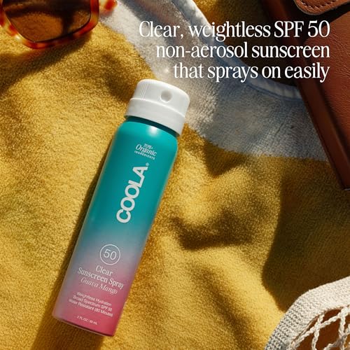 COOLA Organic Sunscreen SPF 50 Sunblock Spray, Dermatologist Tested Skin Care for Daily Protection, Vegan and Gluten Free, Guava Mango, Travel Size, 2 Fl Oz