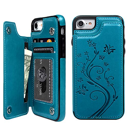 SUPWALL iPhone 7 Card Holder Case, iPhone 8 Wallet Case Embossed Butterfly Slim Folio Leather Cover Shockproof Shell with Credit Card Slot Protective Skin for iPhone 7 & 8,Blue