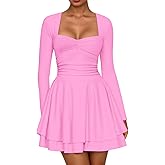 AGSEEM Womens Mini Dress Long Sleeve Square Neck Ruffle Hem Corset Ruched Waist A Line Short Party Dresses