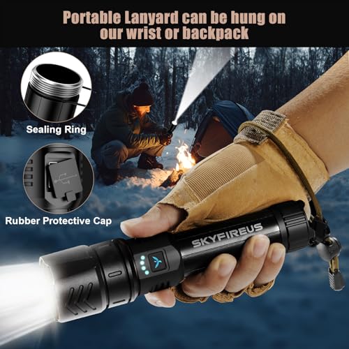 SKYFIRE High Power LED Flashlights 900000 Lumens, USB Rechargeable LED Flashlight, Powerful Flashlight with Ignition Lens, Tactical Flashlight 4 Modes for Emergencies/Camping/Hiking