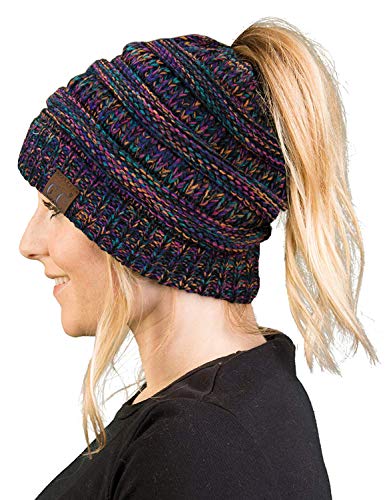 BT-6800-620608 Messy Bun Womens Winter Knit Hat Beanie Tail - Kaleidoscope