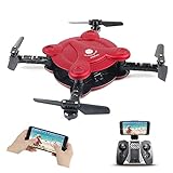 Hobbylane Folding Drone with FPV Camera Live Video, Altitude Hold Flexible Foldable Pocket Quadcopter with Remote Controller, Track Controlled Mode Gravity Sensor Helicopter Toys for Adults (Red)