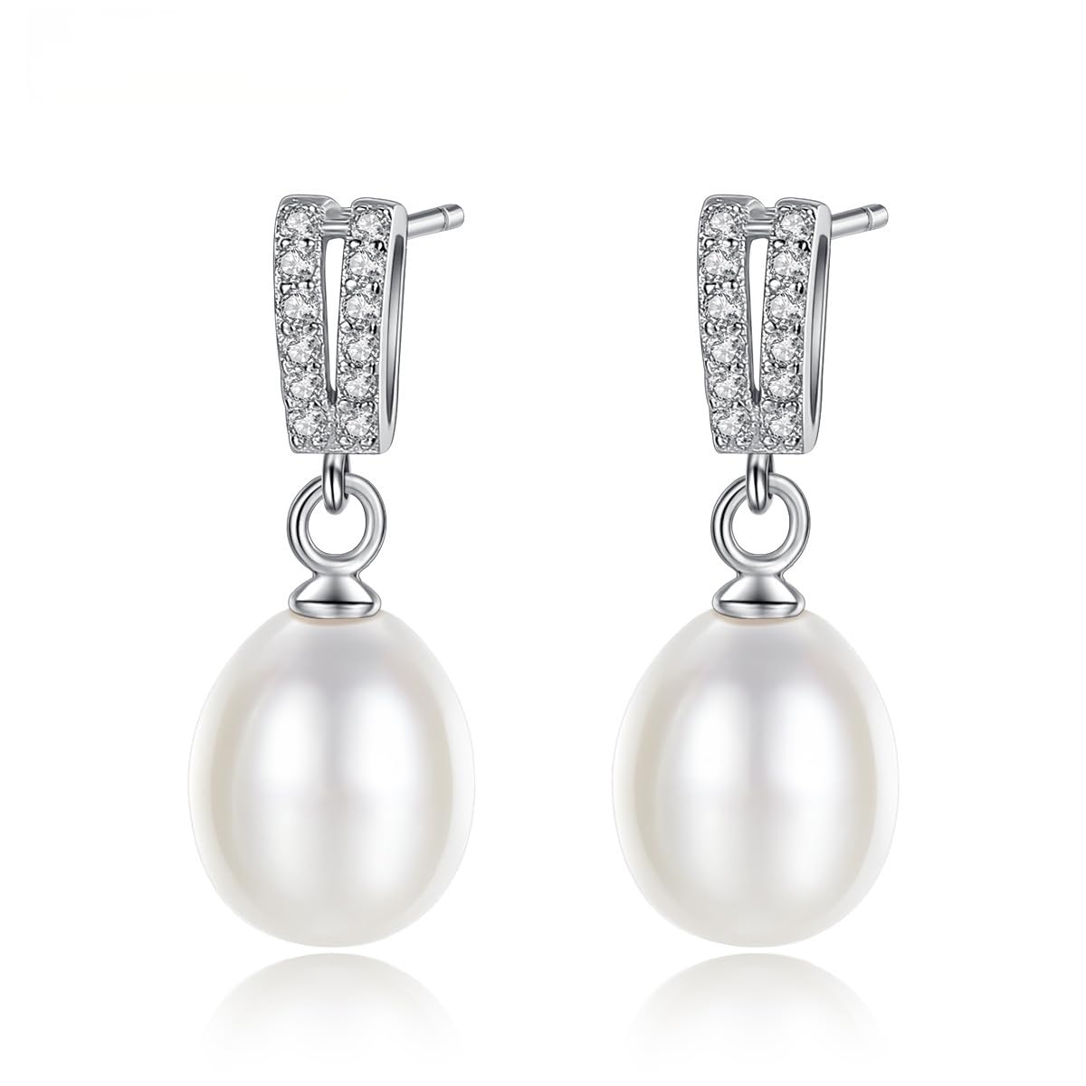 Mu & Nin 925 Sterling Silver Bridal Jewellery, 8-9mm Real Seawater Teardrop Pearl Earrings, 18K White Gold Plated Drop Earrings with 5A Cubic Zirconia, Elegant Wedding Gift for Women in Gift Box