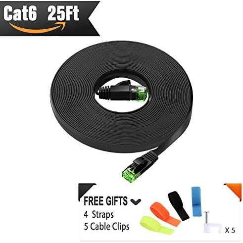 Cat 6 Ethernet Cable Black ( Green Connector for Cable Identification ) Flat Internet Network Cable - Cat6 Ethernet Patch Cable Short - Cat6 Computer Cable + Free Cable Clips and Straps (25 ft)