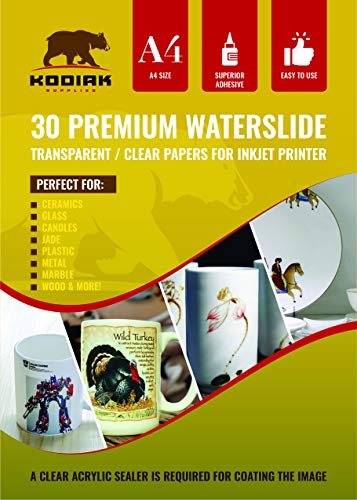 Kodiak Supplies A4 Waterslide Decal Paper INKJET Clear - 30 Sheets - DIY A4 water slide Transfer CLEAR Printable Water Slide Decals A4 30 Sheets