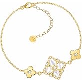 HOTIE Clover Lucky Bracelet for Women - 925 Silver Four Leaf Clover Bracelet Mother of Pearl Flower Bracelet Adjustable Trendy Jewelry Gift for Wife Birthday, Anniversary, Christmas