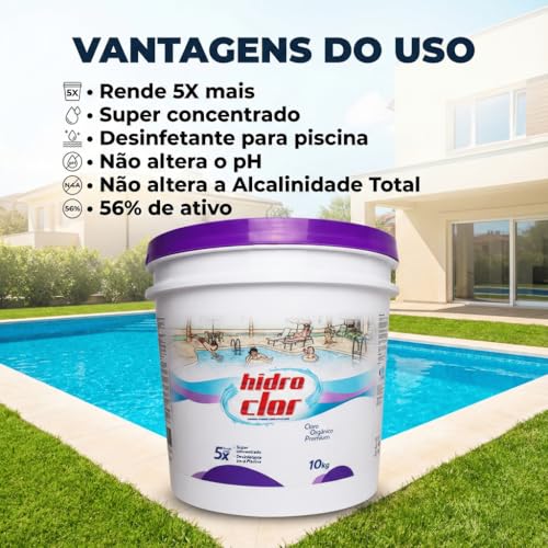 CLORO ORGÂNICO PREMIUM 56% HIDROCLOR 10Kg para Piscina, Desinfetante Concentrado, Estabilizado, 56% Teor Ativo de Cloro