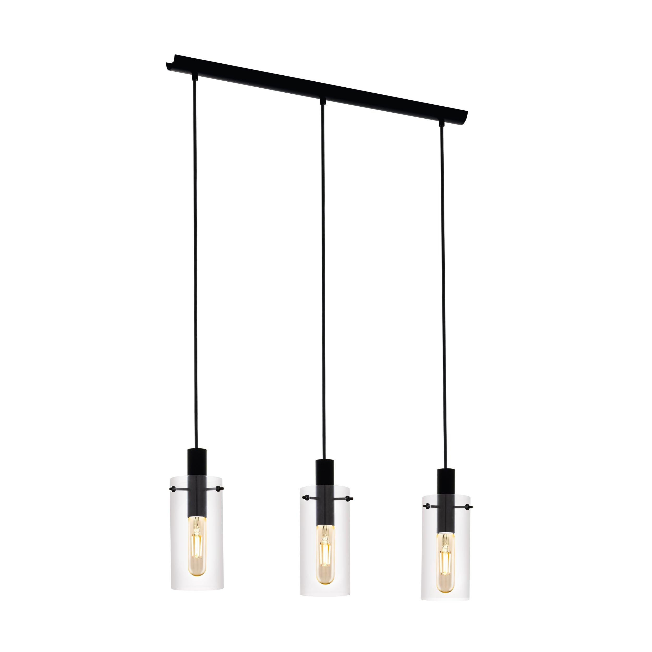EGLO Montefino Pendant Light 3-Bulb Metal in Black and Clear Glass Dining Table Lamp Living Room Lamp Hanging with E27 Socket