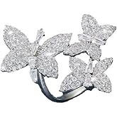 Kokoma Elegant Butterfly Statement Rings for Women Cubic Zirconia Rhinestone Three Butterflies Insects Animal Wedding Wrap Open Engagement Ring Finger Band Jewelry