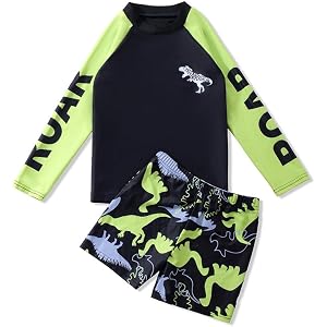 Boys Long Sleeve Dinosaur Print Rash Guard Swim Set Quick Dry Sun Protection Kids Two Piece Swimsuit Beach Swimwear Green 3X-