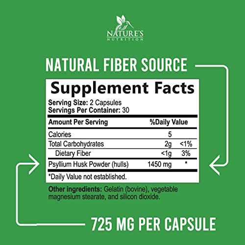 High Absorption Psyllium Husk Capsules 1450mg, Natural Soluble Fiber