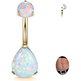 FUNLMO Gold Belly Button Ring Titanium Belly Button Piercing Internally Threaded Belly Ring Floating Navel Piercing Jewelry White Waterdrop Opal Navel Ring 14G 10mm