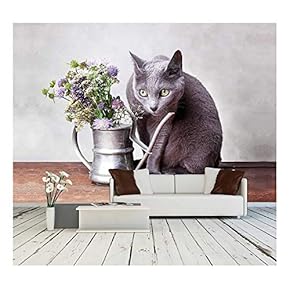 Cat with Flowers in Old Decorative Watering Can - Removable Wall Mural | Self-Adhesive Large Wallpaper - 66x96 inches