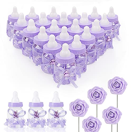 N&T NIETING Baby Shower Feeding Bottle, 24Pcs Baby Shower Favours with 5Pcs Artificial Roses Cake Flowers Baby Shower Bottles Sweets for Boy Girl Baby Shower Party Decorations