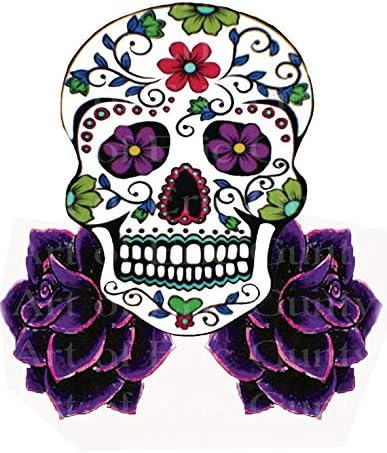 8" Round - Sugar Skull and Purple Roses Birthday - D22438 - Edible Cake/Cupcake Party Topper - D22438
