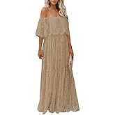 HOYISHION Women's Off The Shoulder Floral Lace Maxi Dress White Bridesmaid Wedding Party Maternity Photoshoot Long Dresses