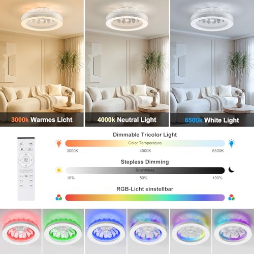 Ateroll Ceiling Fan with Light, 48CM RGB Chandelier Ceiling Fan with Remote Control, Silent Fan 6 Speeds with Timer and Memory, Reversible Fan 3000-6500K