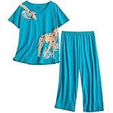 PNAEONG Women’s Pajama Set - Sleepwear Tops with Capri Pants Casual and Fun Prints Pajama Sets SY215-Purple-XL