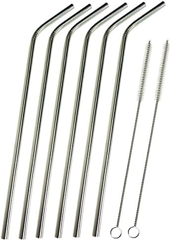 6 Pack Stainless Steel Drinking Straw Long Bent Reusable Metal Smoothie Straws With 2 Free Cleaning Brushes By Cherbell