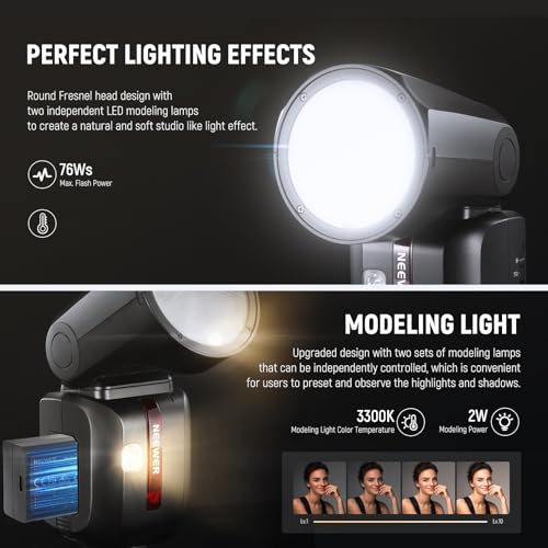 NEEWER Z2-C 2.4G TTL Round Head Flash Speedlite for Canon, 76Ws 1/8000s HSS Speedlight with Upgraded UI, 2 Adjustable Modeling Lamps, TTL/M Quick TCM Switch, 7.2V/3000mAh Battery, 600 Full Power Flash