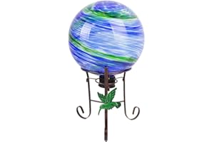 YELENEW 10" Diameter Gazing Ball with 8.5" Hummingbird Metal Stand Outdoor Garden Decor,Glass Globe Sphere Yard Art Decorations Outdoor,Glass Gazing Balls for Garden,Home,Lawn,Patio,Porch(Blue)