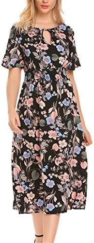 Funpor Women's Keyhole Empire Waist Mid Calf A Line Midi Flare Floral Dress