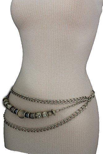 TFJ Women Fashion Belt Side Hip Waist Big Beads Chunky Metal Chain Links Silver S M L