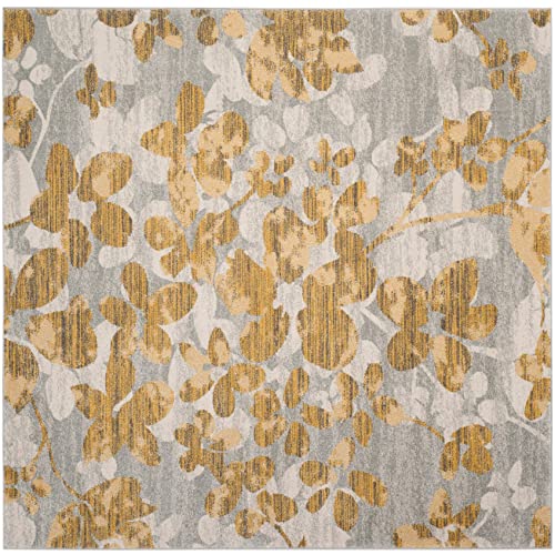 SAFAVIEH Evoke Collection Area Rug - 6'7" Square, Grey & Gold, Floral Design, N…