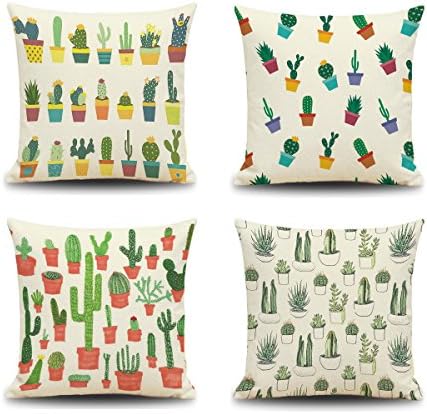 4 Packs Colorful Cactus Home Decor Linen Throw Pillow Case Cushion Covers, 18 X 18 Inches