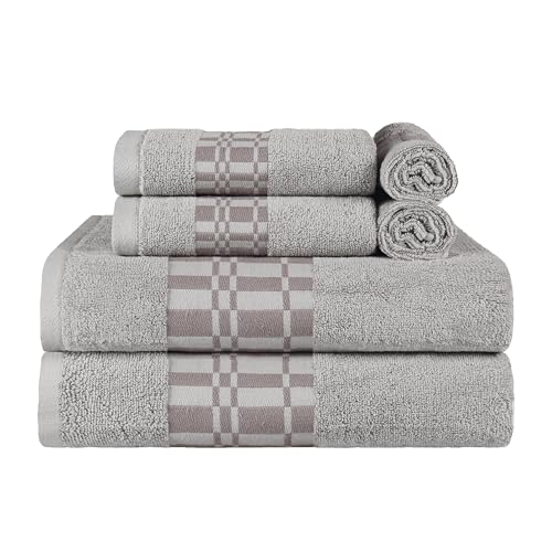 Superior 6-Piece Cotton Towel Set, Geometric Design, Dobby Border, Plush Quick Dry Towels, Decorative Bathroom, Spa, Includes 2 Bath, 2 Hand, 2 Face Towels/Washcloth, Larissa Collection, Chrome