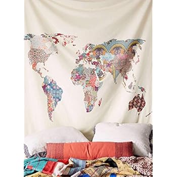Floral World Map Tapestry Headboard Wall Art Bedspread Dorm Tapestry,60