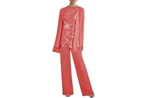 3 Pieces Mother of The Bride Pant Suits Lace Chiffon Formal Pantsuits with Jackets for Women Evening Wedding Party