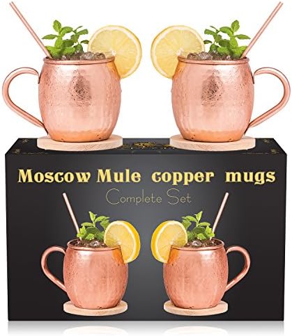 Royal Copper Moscow Mule Mugs Set of 2 - 100% Pure Copper 16Oz Premium Cups With Hammered Finish + 2 Solid Copper Straws + 2 Unique Wooden Coasters &amp; Moscow Mule Recipe E-Book in a Luxury Gift Box