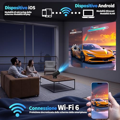 [Integrated App & 2026 Upgraded] 1080P 4K Projector with WiFi 6 Bluetooth 5.2 Mini Portable Projector Supports 270° Rotatable Car Keystone Projector TV Stick/USB/HDMI/PC with HDMI Cable & Mouse,Black