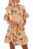 HOTAPEI Womens Casual Summer Apricot Floral Pattern Ruffle Hem Short Sleeve Bohemian Mini Short Chiffon Dress Small