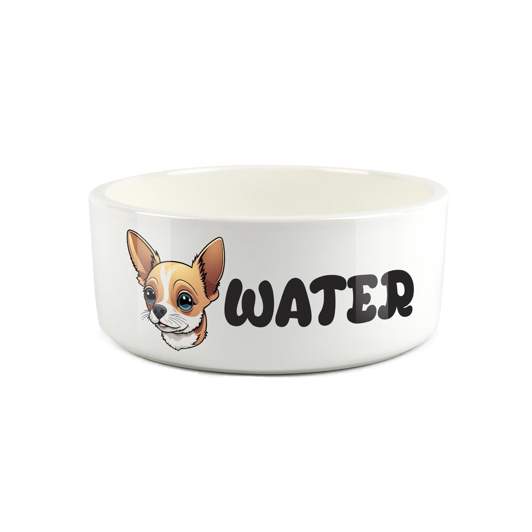 Chihuahua Pet Bowl - Cartoon Dog Portrait Large Ceramic Water Bowl - Novelty White Water Dish For Dogs