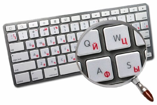 APPLE RUSSIAN CYRILLIC STICKER FOR KEYBOARD WITH RED LETTERING ON TRANSPARENT BACKGROUND FOR DESKTOP, LAPTOP AND NOTEBOOK