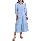 Wenrine Womens Casual 3/4 Sleeve Shirt Dress Button Down V Neck Tiered Collared Flowy Maxi Dress