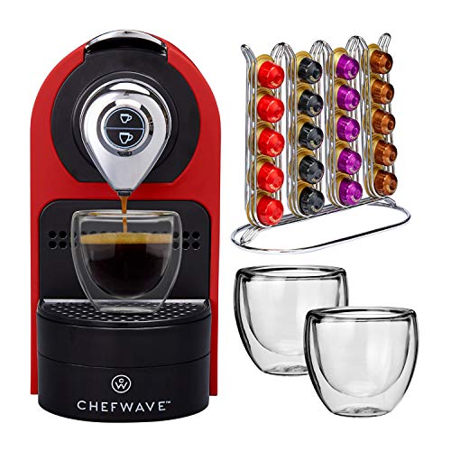 ChefWave Mini Espresso Machine - Nespresso Capsules Compatible - Programmable One-Touch 27 Oz. Water Tank, Premium Italian 20 Bar High Pressure Pump - 40 Pod Holder, 2 Double-Wall Glass Cups - Red