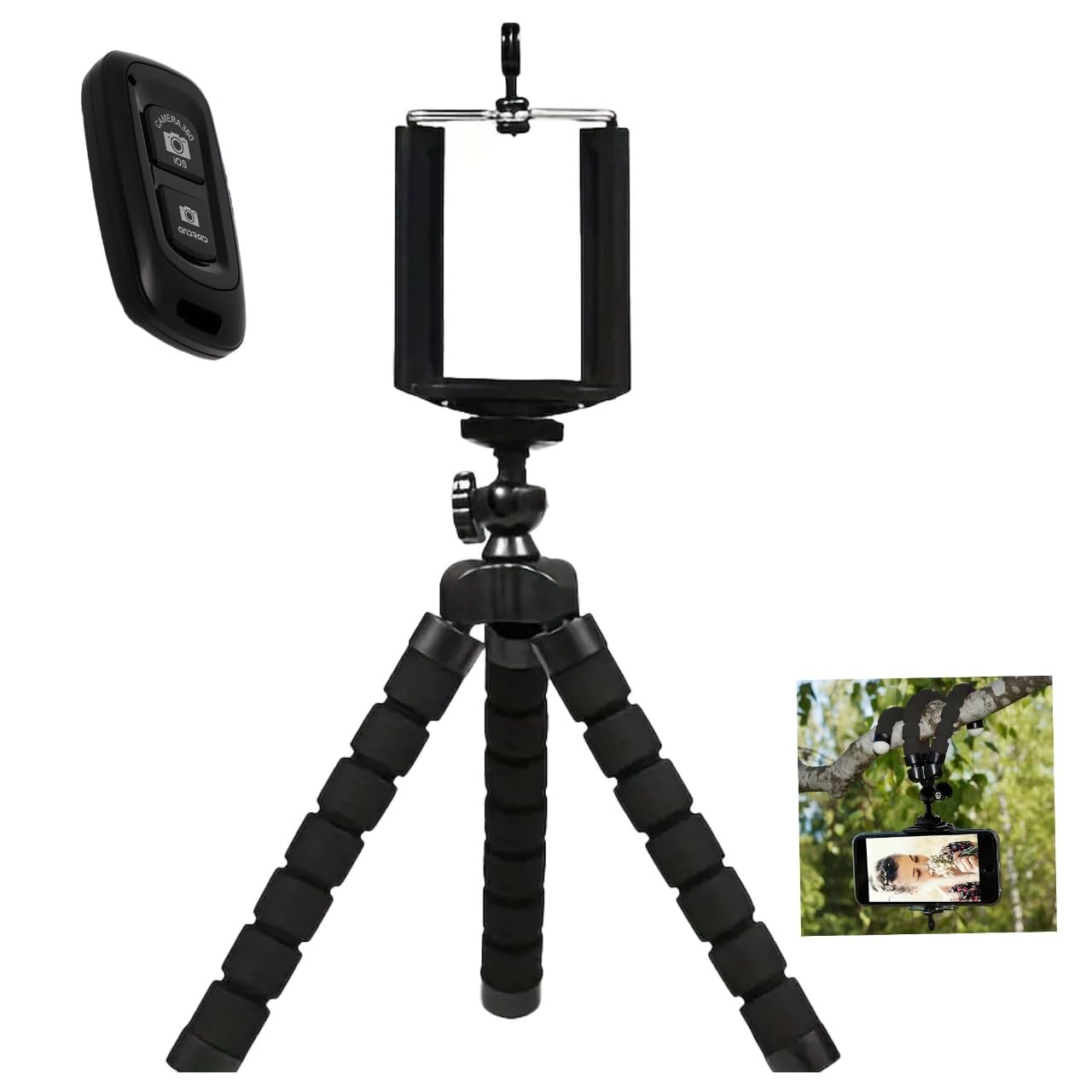 Flexible Mini Tripod Holder with Bluetooth Remote Shutter, Portable Travel Camera Mobile Phone Mount Compatible with Smartphone, Android Phones, 360 Degrees Rotation, Mini Phone Tripod, Black