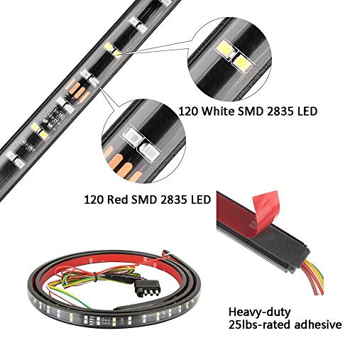 SIZZLEAUTO Truck Tailgate Bar 60" 2-Row 240 LED Strip Sequential Turn Signal Brake Reverse Taillight Red/White for Pickup RV SUV Trailer Car Towing Vehicle No Drill