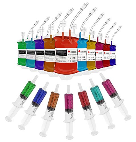 20 Pack Halloween Party Cups, 10 Pcs Blood Bag (11.8 oz) Drinks IV Bag & 10 Pcs Party Syringes (2 oz) Reusable Halloween Drink Containers Zombie Party Supplies