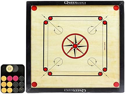 Queen Sports Family Carrom Board Premium quality Assam Plywood Medium size 59x59 playing area - Includes striker and coins