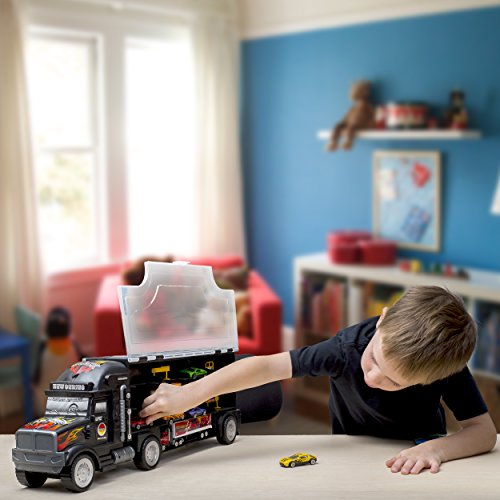 Big Daddy Super Mega Extra Large Tractor Trailer Car Collection Case Carrier Transport Toy Truck for Kids Includes 8 Cars 1 Small Tractor Trailer & 6 More Accessories, 22 Inch Super Duty Truck