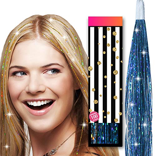 Hair Tinsel Glitter Strands – by HAIR DAZZLE – 100 x 40 inch Holographic Fairy Extensions – AQUA BLUE color – Salon Quality & Safe For Kids, Perfect Christmas Party Accessories or Gifts for Girls