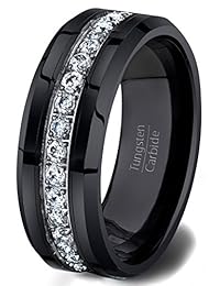 Anillo de Boda Band Negro 8 mm Tungsteno Para Hombre Totalmente Stacked Zircon pulido biselado Comfort Fit