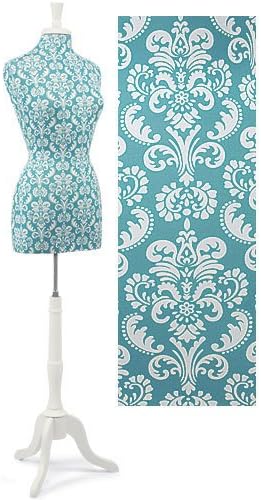 Teal Damask Jersey Dress Form with Wood Stand & Neck Finial