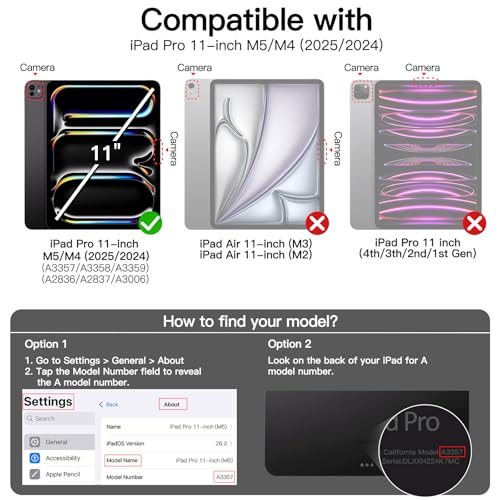 JETech Detachable Magnetic Case for iPad Pro 11 Inch M5/M4 (2025/2024) with Pencil Holder, Removable Rotating Clear Case, Portrait/Landscape Stand (Black)